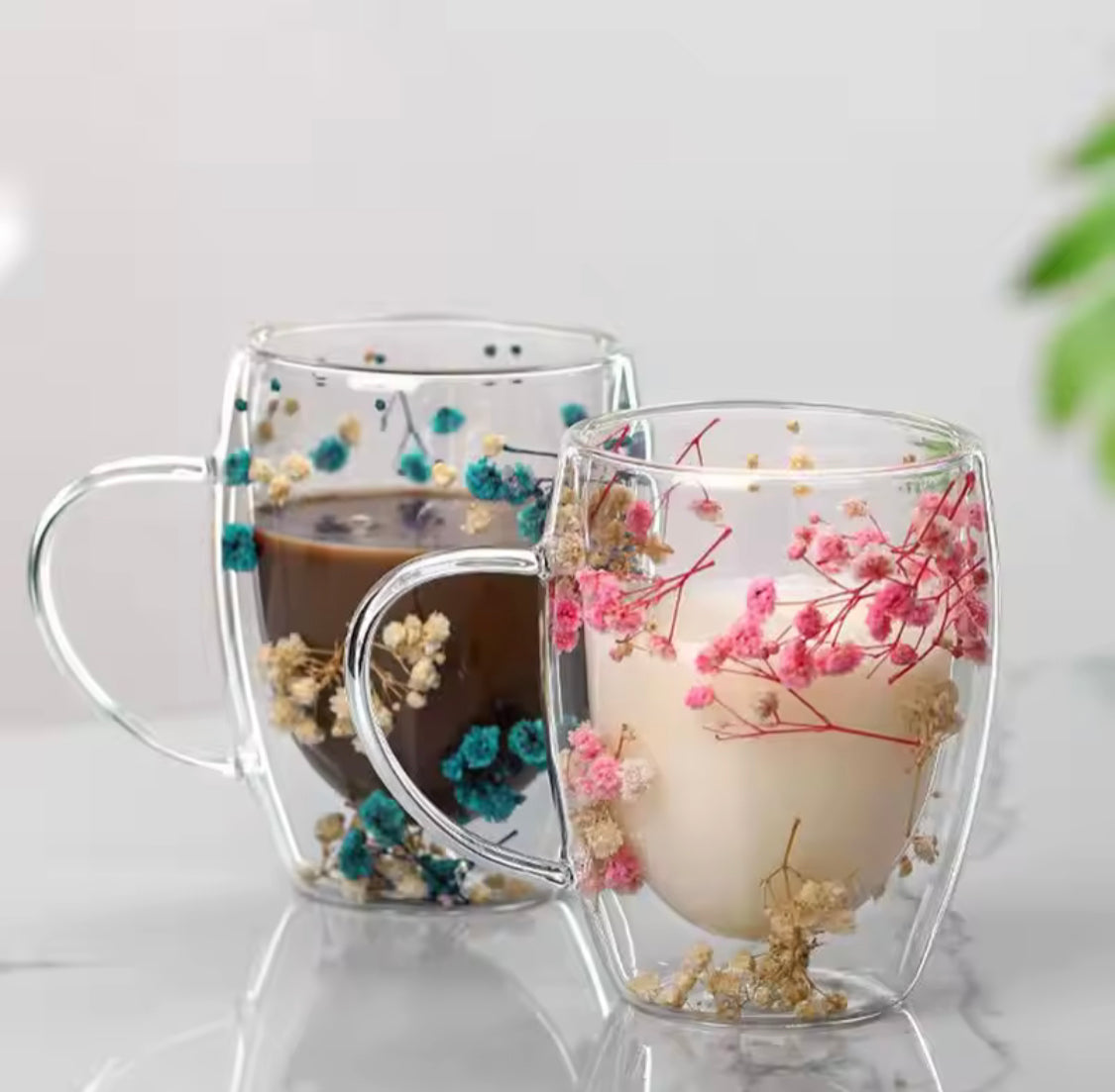 Dry Flowers Double Wall Glass Cup, Transparent Espresso Glass Cup, Double Wall Glass Cup With Handle Dry Flowers Double Wall Glass Cup, Transparent Espresso Glass Cup, Double Wall Glass Cup With Handle